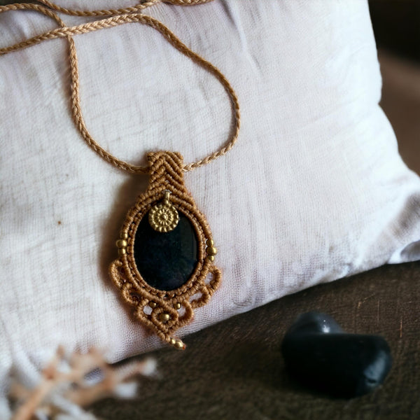 Black Onyx Handmade Macrame Pendant Necklace for Women